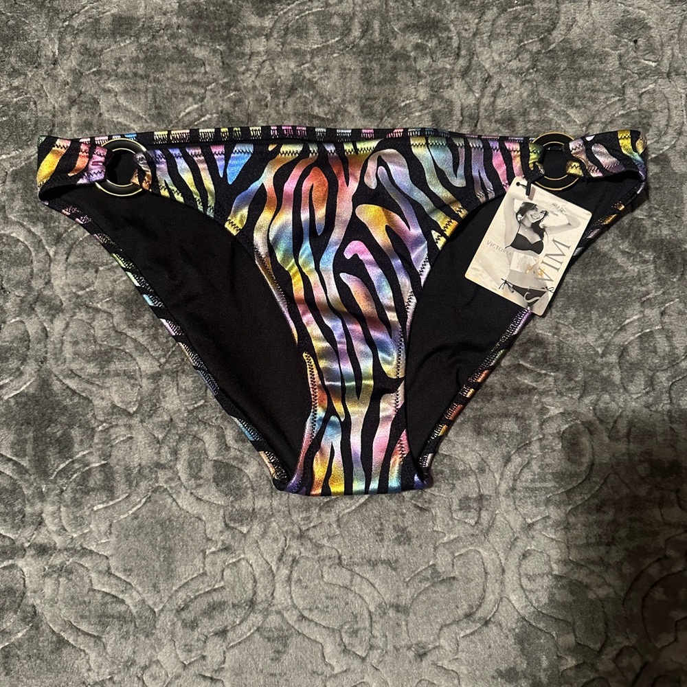 Victoria’s Secret Swim Bikini Bottoms Rainbow Metallic Iridescent Zebra Sz S NWT